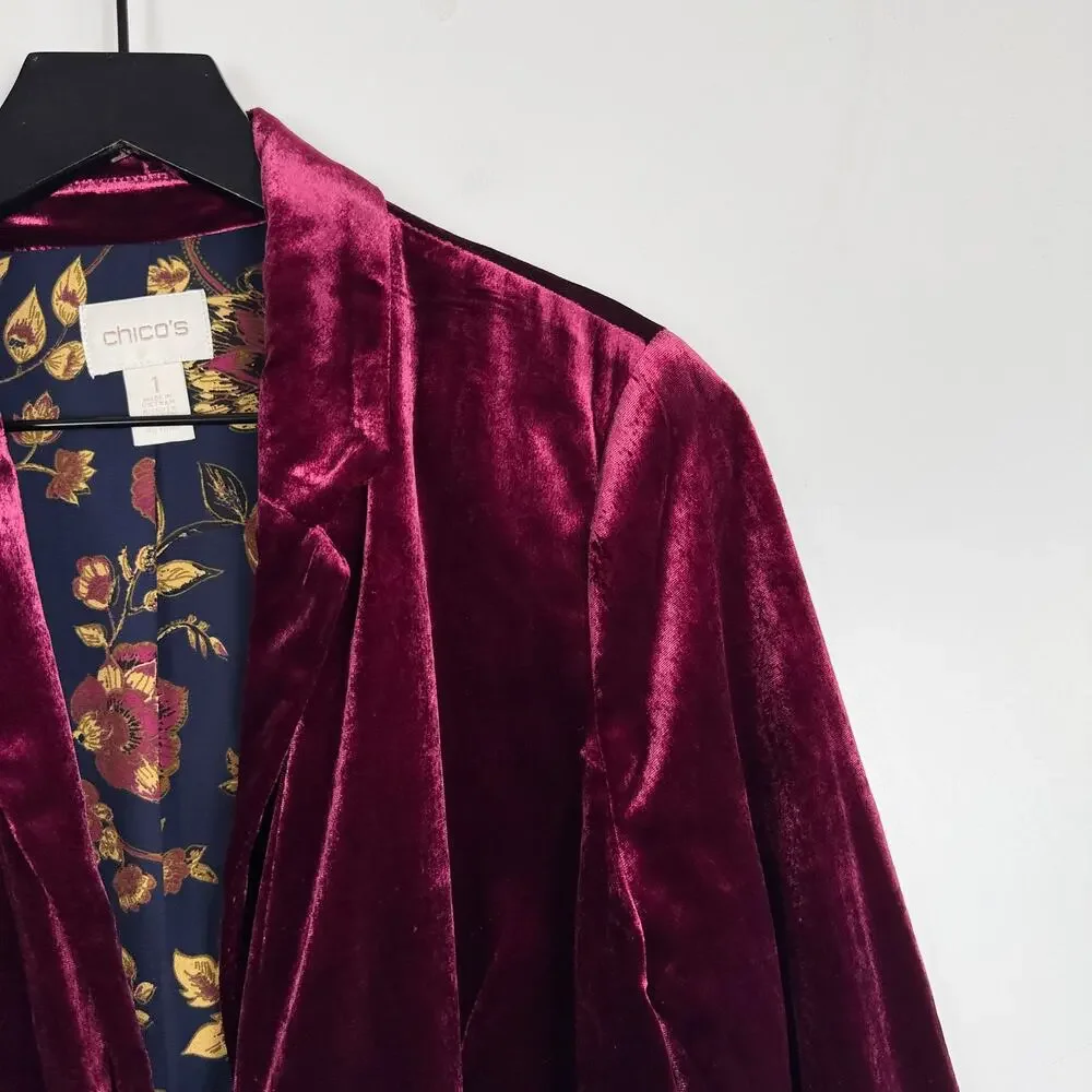 Chico's Velvet Blazer Jacket Burgundy Red Floral Lined - 1 (8-10 US) - Picture 2 of 9